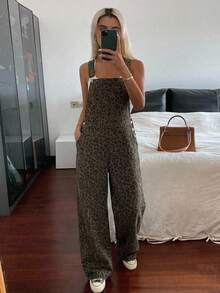 DAZY Peto y mono de pierna ancha con estampado de leopardo para mujer, adecuado para primavera y verano - Marrón - Ver 4