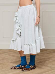 COUREZ 低腰荷葉邊中長裙 /Y2K 秋季女裝 秋季女款外出穿搭 女款可愛套裝裙 - 灰色 - 查看 4