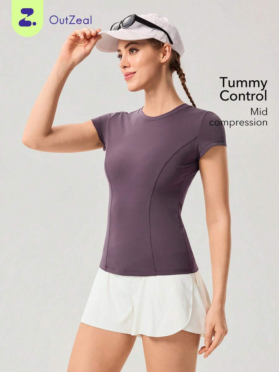 OutZeal Camiseta deportiva para mujer, parte superior de gimnasio, con control de abdomen, secado rápido, cuello redondo y ajuste ceñido - Morado - Ver 1