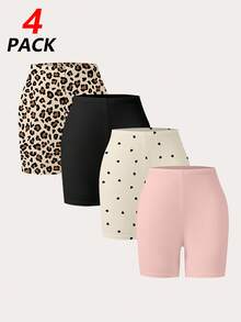 4pcs Girls Shorts,Summer Lightweight Children Casual Pants,Versatile ,Heart & Leopard Print Pattern,Sweet & Cute Knitted Elastic Soft Leggings - Multicolor - View 5