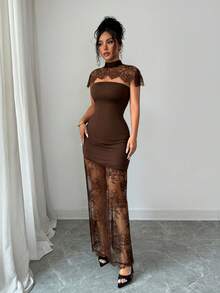 SHEIN Elenzya Women's Contrast Lace Stand Collar Fitted Elegant Dress - Brown - View 8