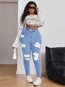 Firerie Plus Size Light Blue Ripped Skinny Stretch Jeans Formal Summer Casual - Light Wash - View 3