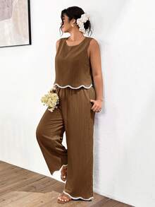 Lounesse Plus Size Color Block Round Neck Top And Pants Casual Two Pieces Set - Brown - View 6