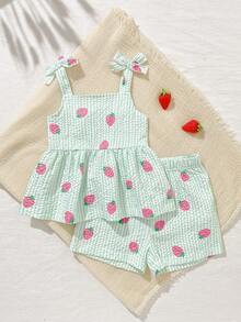 SHEIN Playful Pals 2件套女婴幼儿/新生儿0-3岁休闲日常可爱度假条纹蝴蝶结装饰吊带背心+短裤套装，春夏款 - 彩色 - 查看 1