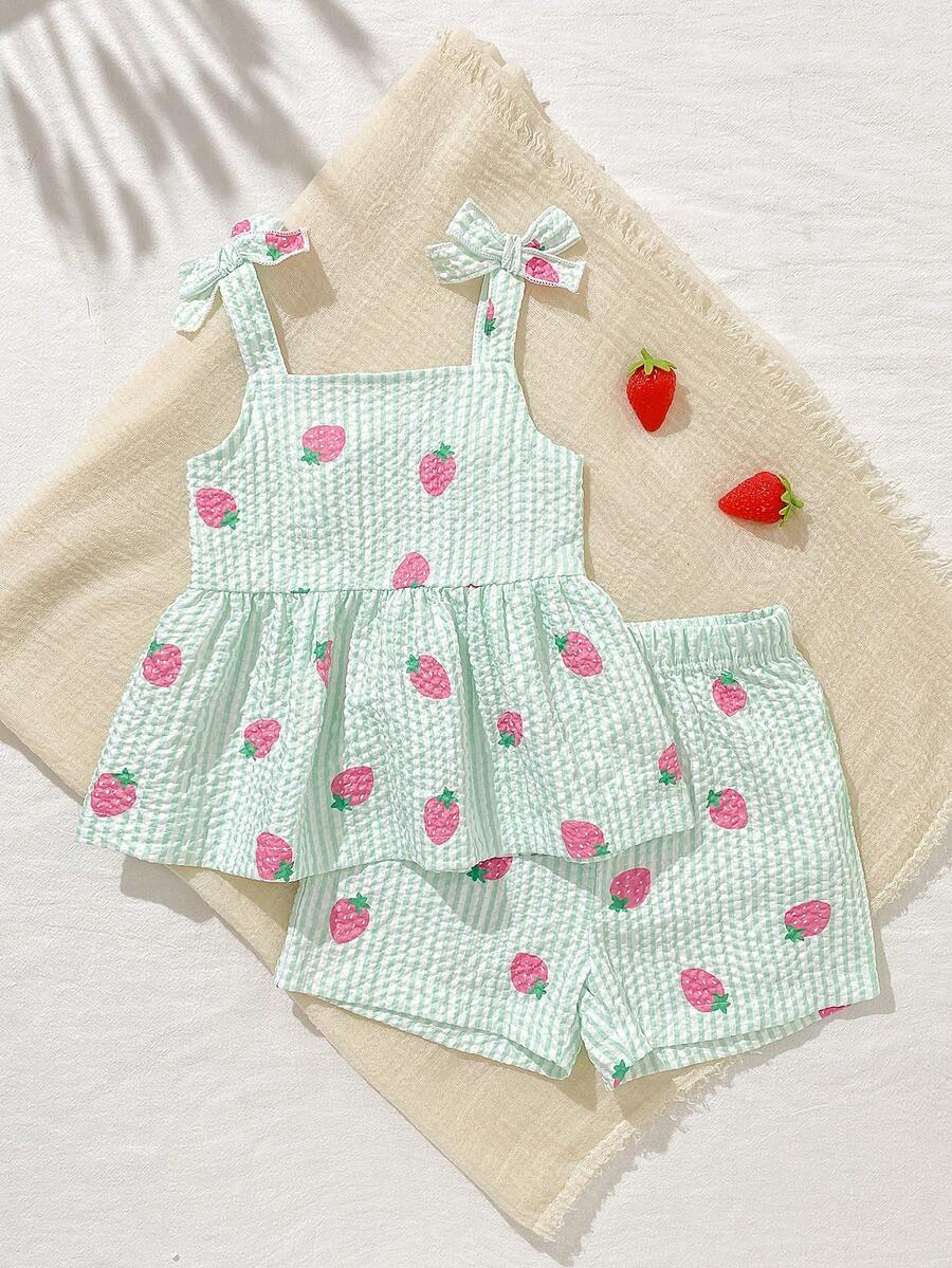 SHEIN Playful Pals 2件套女婴幼儿/新生儿0-3岁休闲日常可爱度假条纹蝴蝶结装饰吊带背心+短裤套装,春夏款 - 彩色 - 查看 1