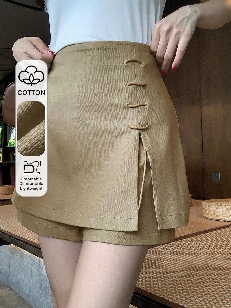 DAZY 纯色抽绳腰带开衩下摆休闲度假夏季女式短裙 - 卡其色 - 查看 1