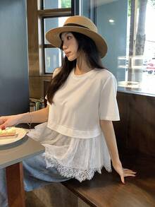 Blusa de verano casual de mujer de unicolor, cuello redondo ajustado, manga corta con aplicación de encaje - Blanco 5 - Ver 8