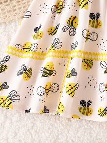 SHEIN Playful Pals 女嬰可愛卡通蜜蜂印花對比色綁肩無袖A字軟休閒洋裝，夏季 - 黃色 - 查看 6