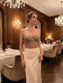 Anewsta Elegant French Lace Rhinestone Embellished Fitted Camisole, Sexy Open Back Spaghetti Strap Top - Apricot - View 3