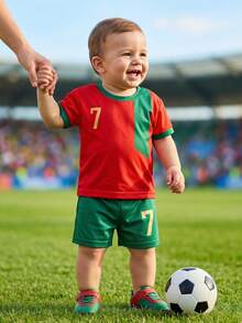 SHEIN 2pcs Baby Boy Portugal No.7 Soccer Outfit, Red Green Jersey & Shorts. Great For Sports Events, Daily Outings, School Activities Photos. - Multicolor - View 9