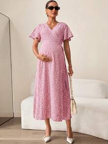 MaterniWear 孕妇印花系带V领连衣裙，度假花园 - 粉色 - 查看 5