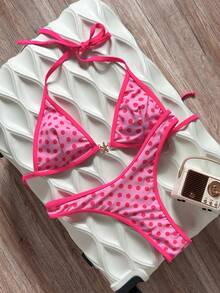 Swim Mod Spring/Summer Solid Color Triangle Wireless Halter Backless Top And Swim Shorts Women Sexy Bikini Set For Beach Vacation - Watermelon Pink - View 1