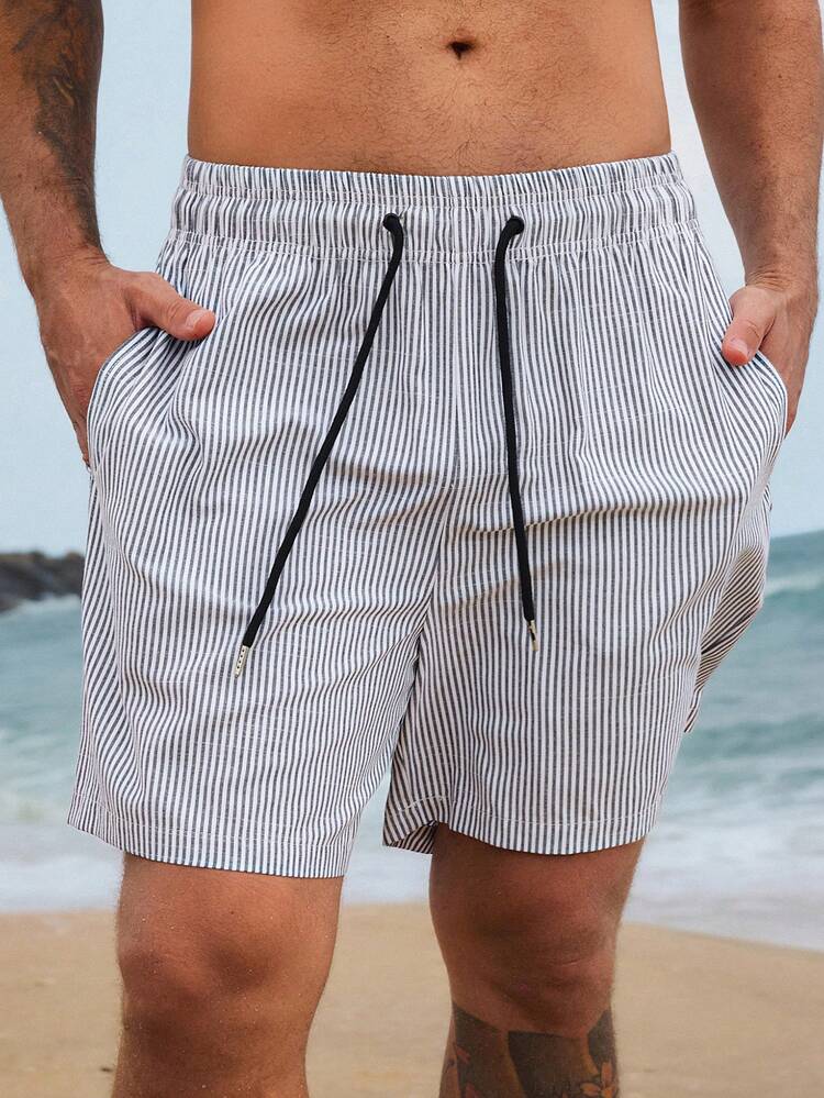 Short Striped Elastic Waist Drawstring Men Beach Shorts