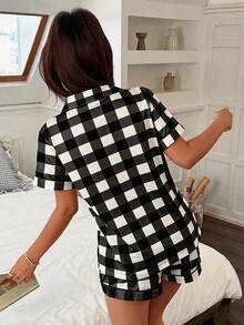 Napfluff Conjunto de pijama con estampado de cuadros en el cuello - Blanco y Negro - Ver 2