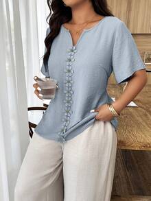 Weeklong Plus Size Women's Spring/Summer Vacation Floral Patchwork Ruffle Trim Loose Short Sleeve Top - Dusty Blue - View 4