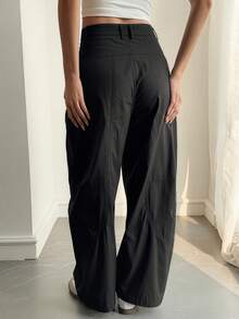 Livesso Pantalones de pierna acampanada de cintura alta de unicolor casual para mujer - Negro - Ver 2