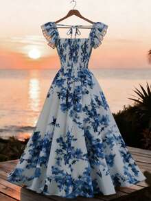 SHEIN Franclia Women's White And Blue Floral Ruffle-Sleeve Elegant A-Line Long Dress, Summer Tropical Holiday Vacation Tea Party Spring Getaways Outfit - Blue and White - View 2