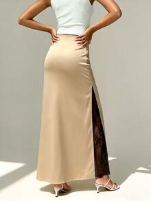 NOVVYNE Falda larga elegante francesa de satén con cintura ceñida y versátil, falda maxi con encaje y abertura para mujer - Albaricoque - Ver 3
