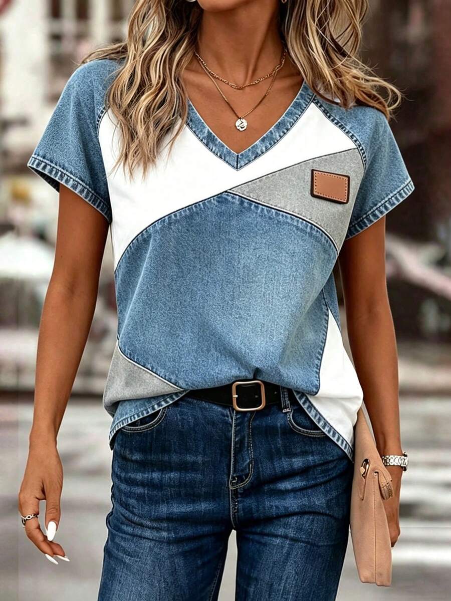 EMERY ROSE Women's Casual Basic Colorblock V-Neck Short Sleeve T-Shirt, Summer Golf White - White - View 1