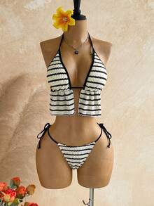 Soleia Bộ bikini gợi cảm buộc dây cổ, kẻ sọc, dành cho nữ, thích hợp mặc đi biển mùa hè. - Nhiều màu - Xem 6
