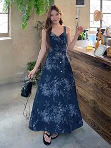 DAZY Đầm denim không tay in họa tiết toàn thân kiểu Bohemian dành cho nữ, thích hợp mặc đi biển. - Màu xanh lam - Xem 9