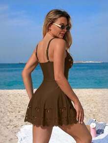 Swim Lushoire Mature Solid Color Cutout Ruffle One-Piece Swimsuit - Coffee Brown - View 2