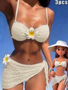 Swim Mod Bộ bikini 3 mảnh gợi cảm hở lưng bằng vải jacquard họa tiết hoa dâm bụt dành cho nữ, thích hợp cho kỳ nghỉ biển. - Màu vàng - Xem 7