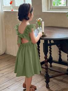 LMoss Kids Young Girl Woven Solid Color Square Neck Ruffle Hem Casual Dress - Olive Green - View 8
