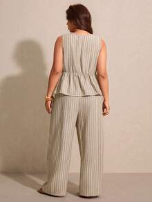 Elaquor Plus Size Casual Vacation Striped Sleeveless A-Line Shirt And Straight Leg Casual Pants 2 Pieces Set - Apricot - View 2