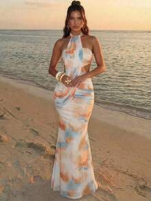 Lumalex Women's Beige Summer Casual Holiday Vacation Fish Tail Bodycon Dress, Elegant Wrap Asymmetric Flounce High Waist Boho Richly Layered Banquet Dress - Multicolor - View 4