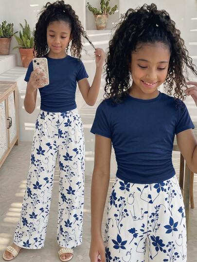 Tween Girls 2-Piece Outfit Set, Solid White Ruched Short Sleeve Crew Neck T-Shirt + Tropical Green Leaf Print Wide Leg Pants, Casual Loose Fit Summer Loungewear, Soft & Breathable Fabric, Comfortable For All-Day Wear, Perfect For Daily Casual, School, Vacation, Beach, Family Trips, Weekend Outings, Playdates & Everyday Activities, & Versatile Style For Girls