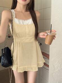 DAZY 女士格子撞色夏季二合一蕾丝边吊带背心 - 黃色 - 查看 2