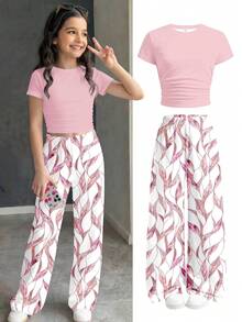 Tween Girl Ruched Fitted Short Sleeve T-Shirt & Geometric Print Pants 2-Piece Set, Casual Daily Fashion, Retro Color Blocking - White - View 2
