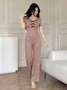 Feyla 女士蝴蝶结装饰短袖上衣和裤子休闲两件套 - 藕粉色 - 查看 5