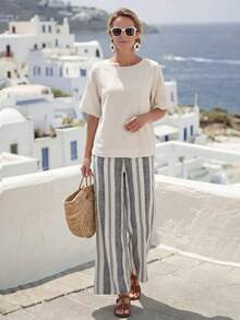 SHEIN LUNE Women's Holiday Casual Solid Color Top And Stripes Pants 2 Pieces Set Vacation Summer Two Piece For Women Co-Ord Matching Sets Outfit - Multicolor - View 7