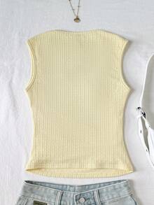 SHEIN 少女圆领褶皱修身纹理黄色吊带背心 - 黃色 - 查看 2