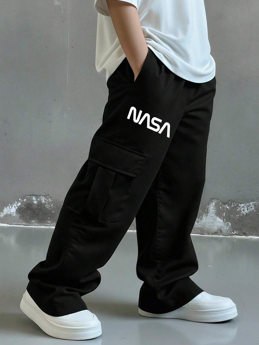 SHEIN 男童休闲舒适工装裤，直筒宽松版型，黑色工装裤，Y2K风格，SS26款，适合春夏穿着，休闲场合，情人节旅行，度假，家庭聚会，返校季，婚礼，晚宴，运动，生日派对