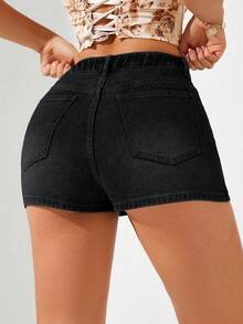 SHEIN ICON 大码女式休闲度假浅蓝色牛仔短裙 - 黑色 - 查看 2