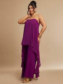 SHEIN BAE Mono informal de verano de talla grande con unicolor y volante asimétrico en el bajo - Morado - Ver 6