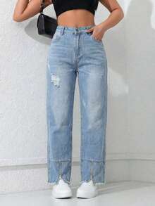 Set 2 Jeans Mom High Rise Pants Light Dark Dark Torn Ankle Closure - Índigo Clásico y Azul Hielo Suave - View 4