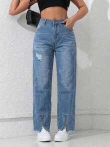 Set 2 Jeans Mom High Rise Pants Light Dark Dark Torn Ankle Closure - Azul Cielo Deslavado y Azul Hielo Suave - View 4