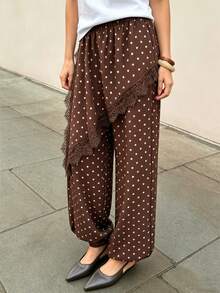 Pariaura Pantalones anchos de mujer con patchwork de encaje y lunares retro - Café integral - Ver 5