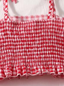 SHEIN Genkimix Kids 女童格子荷叶边吊带背心和蛋糕裙两件套 - 紅色 - 查看 3