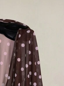 SHEIN ICON 大尺碼女款波點網紗不對稱下擺時尚上衣 - 棕色 - 查看 8