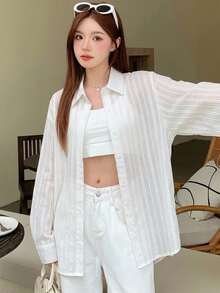 DAZY 女款長袖鈕扣白色襯衫，商務休閒專業職場上衣，簡約時尚日常穿搭標準版上衣，適合夏季與秋季 - 白色 - 查看 9