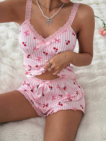 CottageSlumber Cherry Bow Pattern Pink Striped Lace Camisole And Shorts Pajama Set