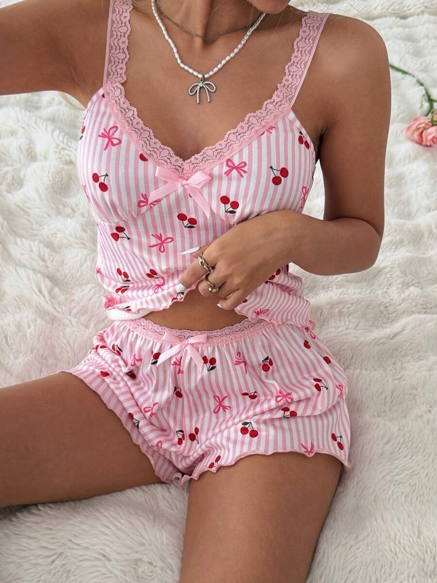 CottageSlumber Cherry Bow Pattern Pink Striped Lace Camisole And Shorts Pajama Set - Pink - View 1