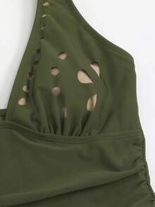 Swim Lushoire Mature Solid Color Cutout Ruffle One-Piece Swimsuit - Army Green - View 7