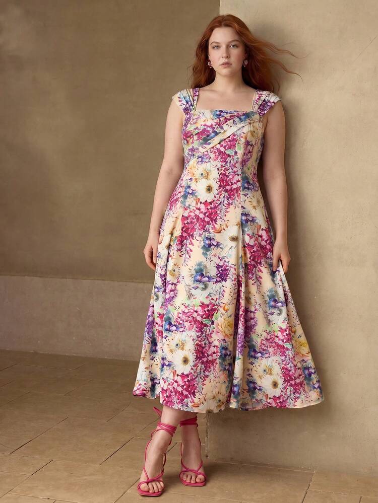 PLUS SIZE ELEGANT SLIMMING A-LINE MID-LENGTH DRESS, SPRING/SUMMER