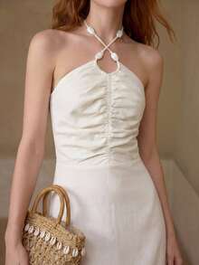 MOTF PREMIUM RUCHED THIGH SLIT HALTER DRESS - Apricot - View 1